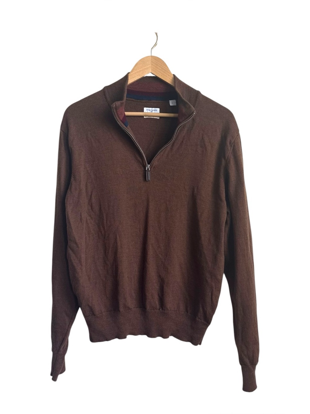 Tom James Men's 100% Merino Wool Brown Quarter Zip Sweater Made in Italy L
